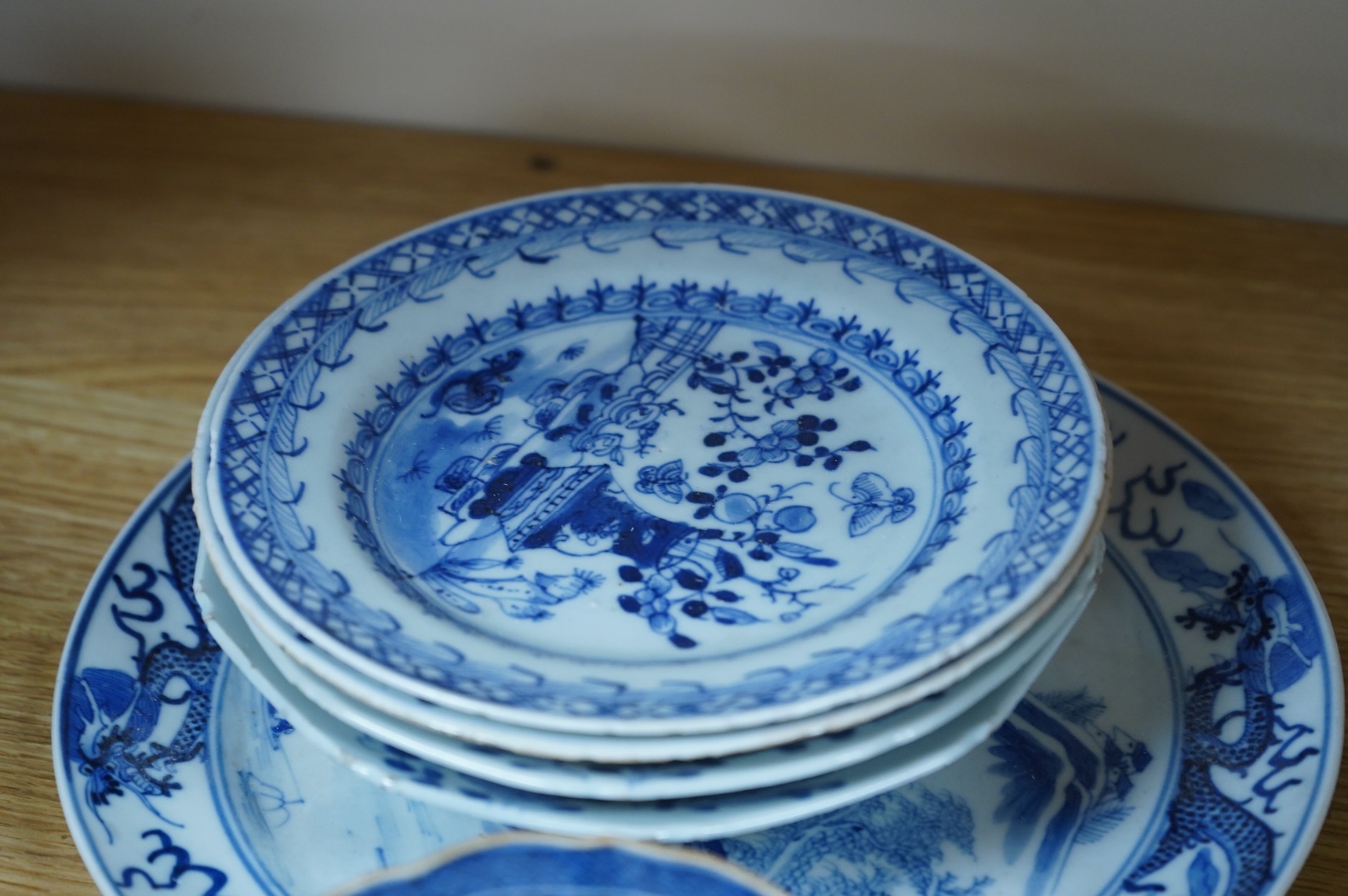 A group of 18th/19th century Chinese blue and white plates and dishes, largest 23cm in diameter